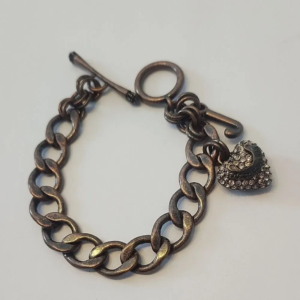 Juicy Couture Chunky Chain Bracelet with Pave Rhinestone Heart Charm Bronze Tone